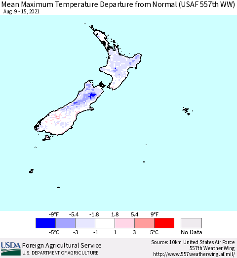 New Zealand Mean Maximum Temperature Departure from Normal (USAF 557th WW) Thematic Map For 8/9/2021 - 8/15/2021
