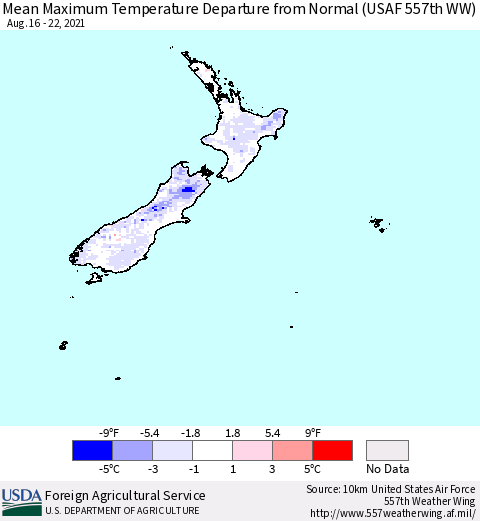 New Zealand Mean Maximum Temperature Departure from Normal (USAF 557th WW) Thematic Map For 8/16/2021 - 8/22/2021