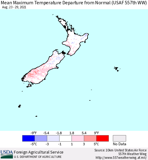 New Zealand Mean Maximum Temperature Departure from Normal (USAF 557th WW) Thematic Map For 8/23/2021 - 8/29/2021