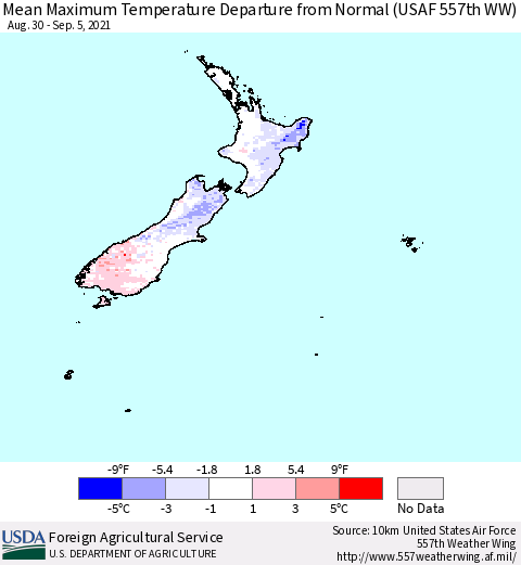 New Zealand Mean Maximum Temperature Departure from Normal (USAF 557th WW) Thematic Map For 8/30/2021 - 9/5/2021