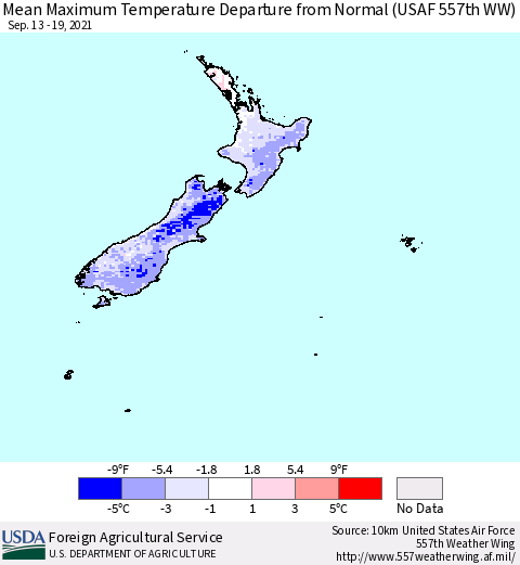 New Zealand Mean Maximum Temperature Departure from Normal (USAF 557th WW) Thematic Map For 9/13/2021 - 9/19/2021