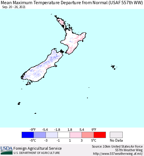 New Zealand Mean Maximum Temperature Departure from Normal (USAF 557th WW) Thematic Map For 9/20/2021 - 9/26/2021