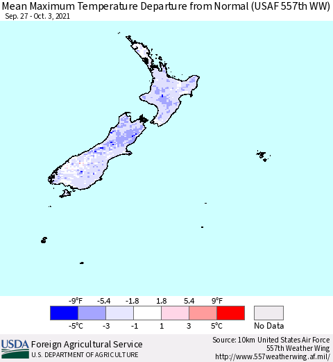 New Zealand Mean Maximum Temperature Departure from Normal (USAF 557th WW) Thematic Map For 9/27/2021 - 10/3/2021
