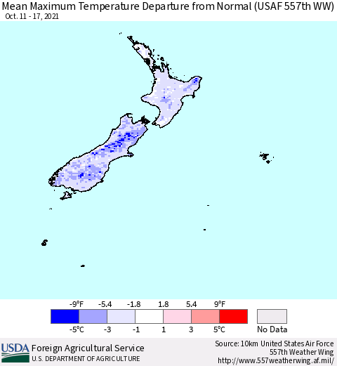 New Zealand Mean Maximum Temperature Departure from Normal (USAF 557th WW) Thematic Map For 10/11/2021 - 10/17/2021