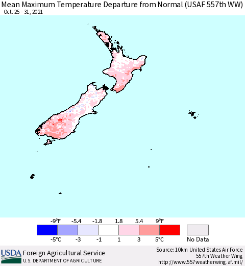 New Zealand Mean Maximum Temperature Departure from Normal (USAF 557th WW) Thematic Map For 10/25/2021 - 10/31/2021