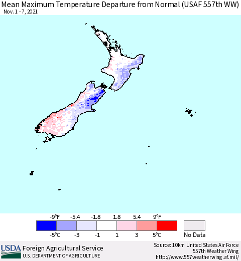 New Zealand Mean Maximum Temperature Departure from Normal (USAF 557th WW) Thematic Map For 11/1/2021 - 11/7/2021
