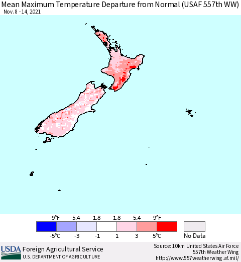 New Zealand Mean Maximum Temperature Departure from Normal (USAF 557th WW) Thematic Map For 11/8/2021 - 11/14/2021