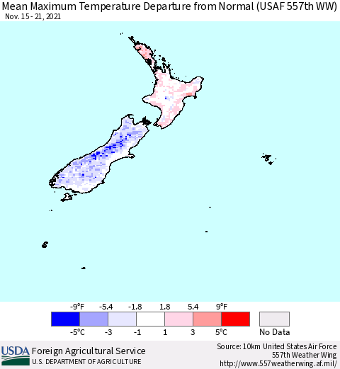 New Zealand Mean Maximum Temperature Departure from Normal (USAF 557th WW) Thematic Map For 11/15/2021 - 11/21/2021