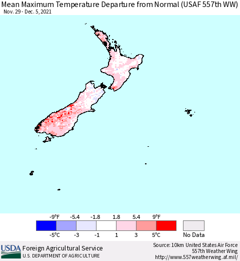 New Zealand Mean Maximum Temperature Departure from Normal (USAF 557th WW) Thematic Map For 11/29/2021 - 12/5/2021