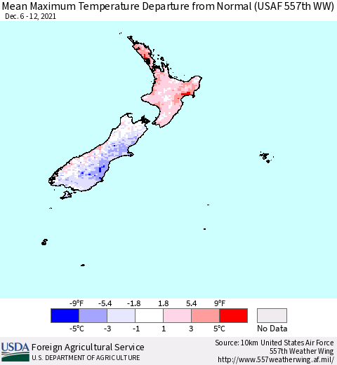 New Zealand Mean Maximum Temperature Departure from Normal (USAF 557th WW) Thematic Map For 12/6/2021 - 12/12/2021