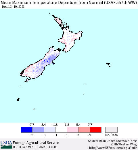 New Zealand Mean Maximum Temperature Departure from Normal (USAF 557th WW) Thematic Map For 12/13/2021 - 12/19/2021