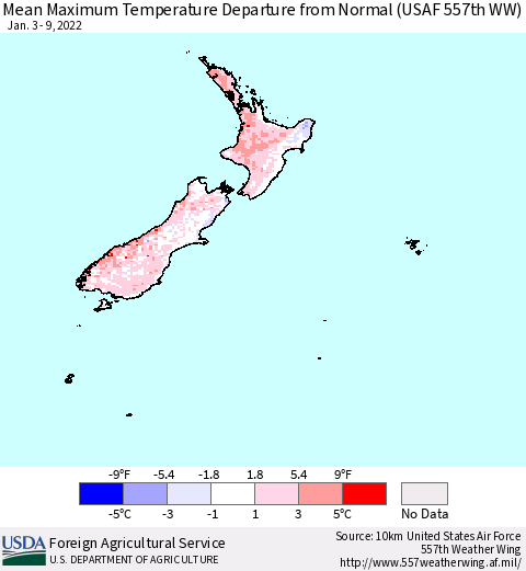 New Zealand Mean Maximum Temperature Departure from Normal (USAF 557th WW) Thematic Map For 1/3/2022 - 1/9/2022