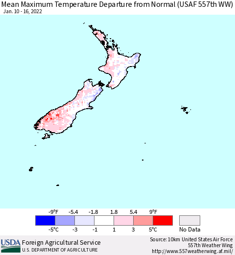 New Zealand Mean Maximum Temperature Departure from Normal (USAF 557th WW) Thematic Map For 1/10/2022 - 1/16/2022
