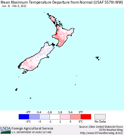 New Zealand Mean Maximum Temperature Departure from Normal (USAF 557th WW) Thematic Map For 1/31/2022 - 2/6/2022