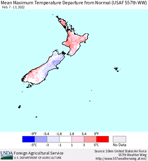 New Zealand Mean Maximum Temperature Departure from Normal (USAF 557th WW) Thematic Map For 2/7/2022 - 2/13/2022