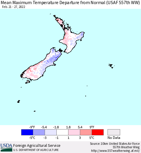 New Zealand Mean Maximum Temperature Departure from Normal (USAF 557th WW) Thematic Map For 2/21/2022 - 2/27/2022