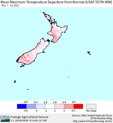 New Zealand Mean Maximum Temperature Departure from Normal (USAF 557th WW) Thematic Map For 3/7/2022 - 3/13/2022