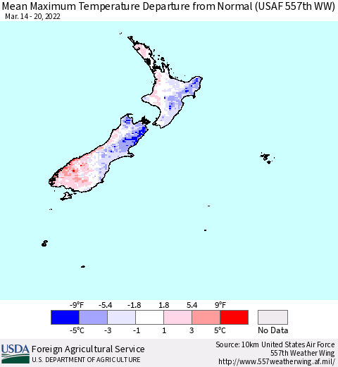 New Zealand Mean Maximum Temperature Departure from Normal (USAF 557th WW) Thematic Map For 3/14/2022 - 3/20/2022