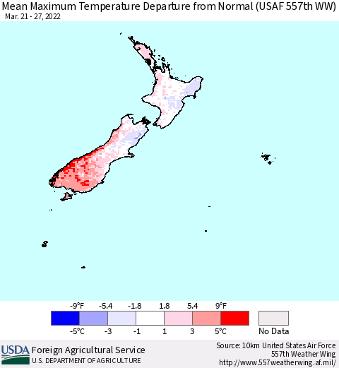 New Zealand Mean Maximum Temperature Departure from Normal (USAF 557th WW) Thematic Map For 3/21/2022 - 3/27/2022