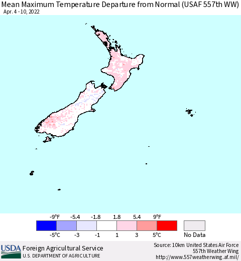 New Zealand Mean Maximum Temperature Departure from Normal (USAF 557th WW) Thematic Map For 4/4/2022 - 4/10/2022