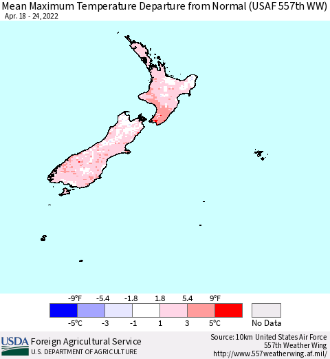New Zealand Mean Maximum Temperature Departure from Normal (USAF 557th WW) Thematic Map For 4/18/2022 - 4/24/2022