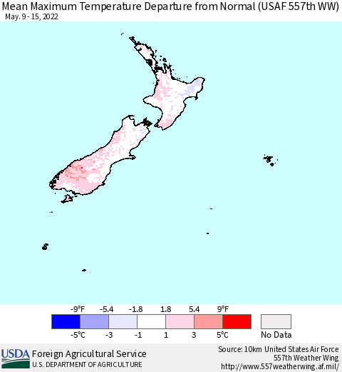 New Zealand Mean Maximum Temperature Departure from Normal (USAF 557th WW) Thematic Map For 5/9/2022 - 5/15/2022