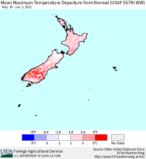 New Zealand Mean Maximum Temperature Departure from Normal (USAF 557th WW) Thematic Map For 5/30/2022 - 6/5/2022