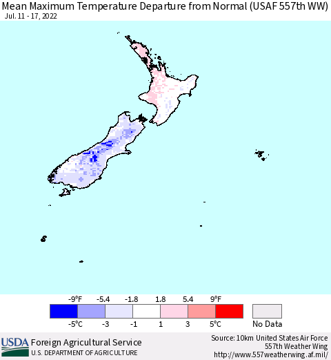 New Zealand Mean Maximum Temperature Departure from Normal (USAF 557th WW) Thematic Map For 7/11/2022 - 7/17/2022