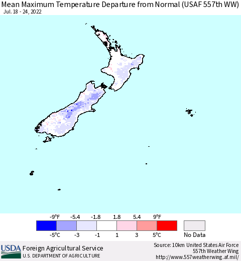 New Zealand Mean Maximum Temperature Departure from Normal (USAF 557th WW) Thematic Map For 7/18/2022 - 7/24/2022