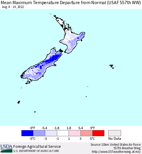 New Zealand Mean Maximum Temperature Departure from Normal (USAF 557th WW) Thematic Map For 8/8/2022 - 8/14/2022