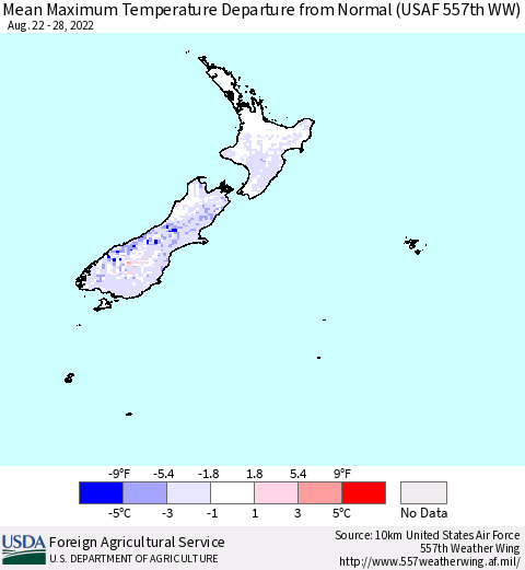 New Zealand Mean Maximum Temperature Departure from Normal (USAF 557th WW) Thematic Map For 8/22/2022 - 8/28/2022