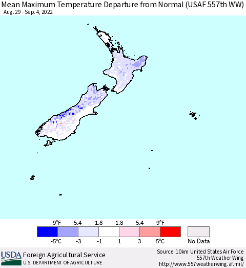 New Zealand Mean Maximum Temperature Departure from Normal (USAF 557th WW) Thematic Map For 8/29/2022 - 9/4/2022