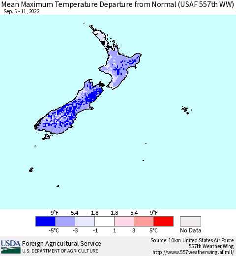 New Zealand Mean Maximum Temperature Departure from Normal (USAF 557th WW) Thematic Map For 9/5/2022 - 9/11/2022