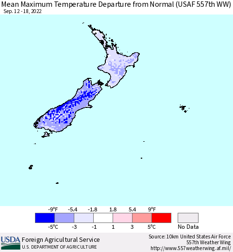 New Zealand Mean Maximum Temperature Departure from Normal (USAF 557th WW) Thematic Map For 9/12/2022 - 9/18/2022