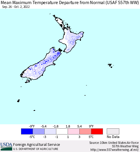 New Zealand Mean Maximum Temperature Departure from Normal (USAF 557th WW) Thematic Map For 9/26/2022 - 10/2/2022