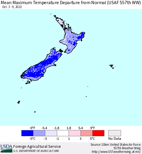 New Zealand Mean Maximum Temperature Departure from Normal (USAF 557th WW) Thematic Map For 10/3/2022 - 10/9/2022