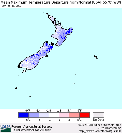 New Zealand Mean Maximum Temperature Departure from Normal (USAF 557th WW) Thematic Map For 10/10/2022 - 10/16/2022