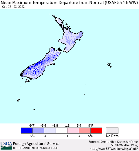 New Zealand Mean Maximum Temperature Departure from Normal (USAF 557th WW) Thematic Map For 10/17/2022 - 10/23/2022