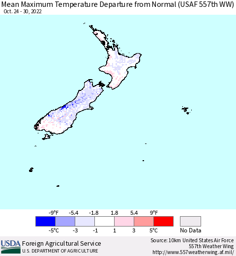 New Zealand Mean Maximum Temperature Departure from Normal (USAF 557th WW) Thematic Map For 10/24/2022 - 10/30/2022