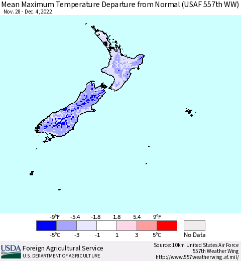 New Zealand Mean Maximum Temperature Departure from Normal (USAF 557th WW) Thematic Map For 11/28/2022 - 12/4/2022