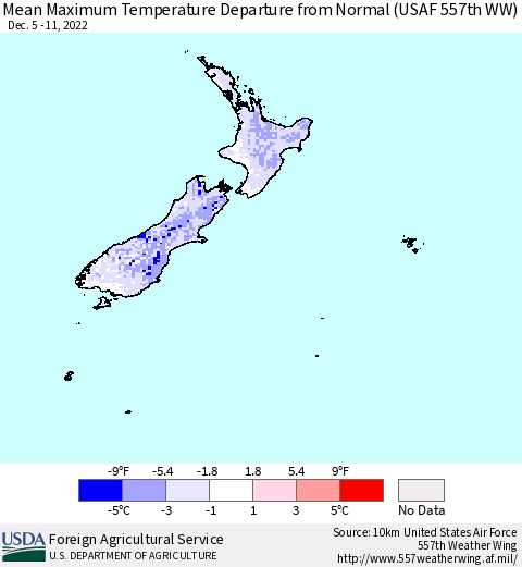 New Zealand Mean Maximum Temperature Departure from Normal (USAF 557th WW) Thematic Map For 12/5/2022 - 12/11/2022