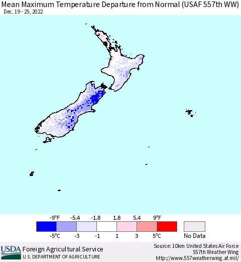 New Zealand Mean Maximum Temperature Departure from Normal (USAF 557th WW) Thematic Map For 12/19/2022 - 12/25/2022