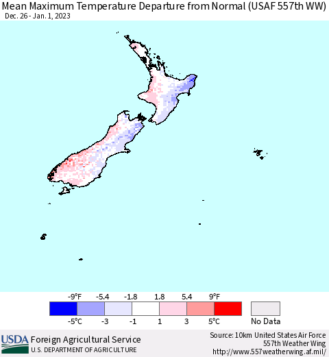 New Zealand Mean Maximum Temperature Departure from Normal (USAF 557th WW) Thematic Map For 12/26/2022 - 1/1/2023