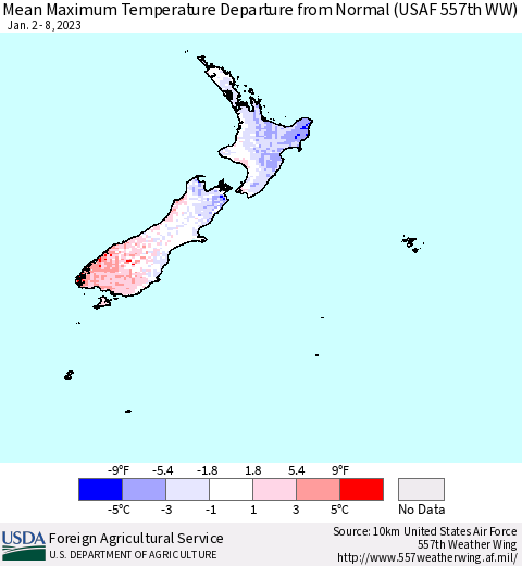 New Zealand Mean Maximum Temperature Departure from Normal (USAF 557th WW) Thematic Map For 1/2/2023 - 1/8/2023