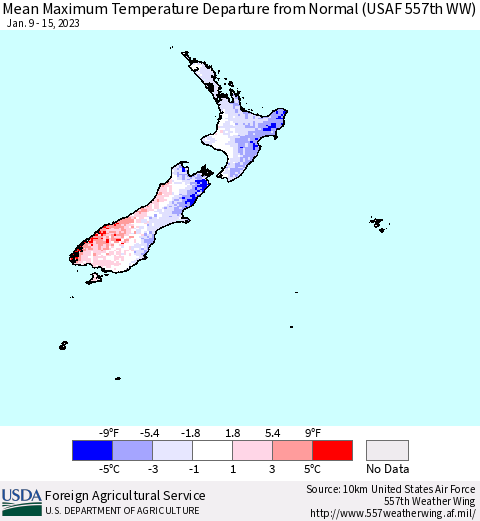 New Zealand Mean Maximum Temperature Departure from Normal (USAF 557th WW) Thematic Map For 1/9/2023 - 1/15/2023