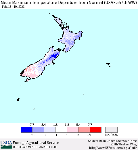 New Zealand Mean Maximum Temperature Departure from Normal (USAF 557th WW) Thematic Map For 2/13/2023 - 2/19/2023
