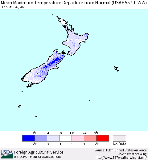New Zealand Mean Maximum Temperature Departure from Normal (USAF 557th WW) Thematic Map For 2/20/2023 - 2/26/2023