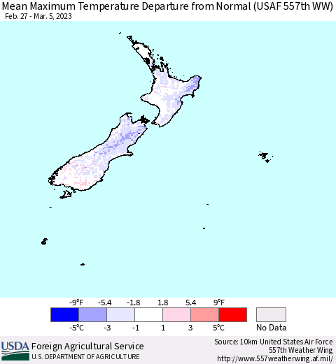 New Zealand Mean Maximum Temperature Departure from Normal (USAF 557th WW) Thematic Map For 2/27/2023 - 3/5/2023