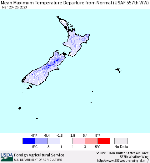 New Zealand Mean Maximum Temperature Departure from Normal (USAF 557th WW) Thematic Map For 3/20/2023 - 3/26/2023