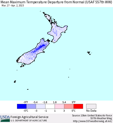 New Zealand Mean Maximum Temperature Departure from Normal (USAF 557th WW) Thematic Map For 3/27/2023 - 4/2/2023